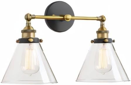 PERMO Industrial 2-Lights Wall Sconces with Dual Funnel Clear Glass Shade Double Sconce Antique Wall Sconce for Mirror Hallway Bedroom, Hardwired, E26 Base