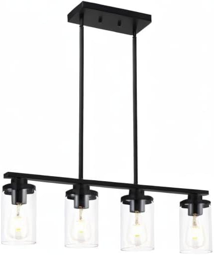 Kitchen Island Pendant Light,4-Light Dining Room Light Fixtures Over Table Vintage Black Flush Mount Ceiling Hanging Lighting with Glass Shade for Kitchen Island Dining Living Room