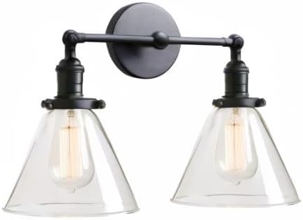 PERMO Double Sconce Vintage Industrial 2-Lights Sconce Antique Wall Sconces with Funnel Flared Glass Clear Glass Shade Vanity Light for Bathroom (Matte Black)