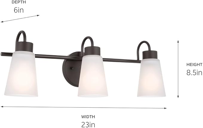 Kichler Erma 3-Light Bathroom Vanity Light Fixture with Satin Etched Glass Shades, Traditional Wall Mount Lighting over Mirror in Olde Bronze, 23 x 8.5 in, 45887NI