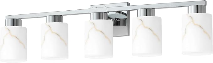5-Light Bathroom Light Fixtures, Modern Vanity Lights, Chrome Metal Wall Lamp with White Marble Glass for Bathroom, Mirror, Living Room, Bedroom, Cabinet, Porch, Hallway, E26 Base