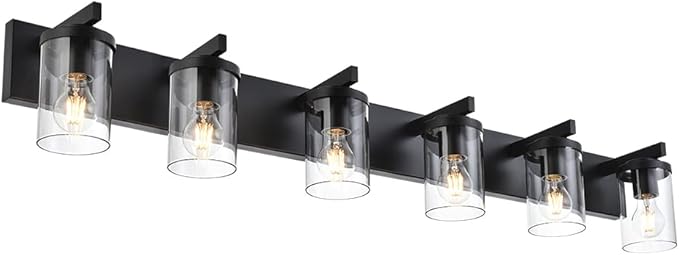 BONLICHT Black Vanity Light Glass Wall Sconce 6 Light Farmhouse Bathroom Light Fixture Over Mirror,Industrial Vintage Bath Lighting Interior Wall Lights Modern Wall Lamp for Dining Room Kitchen Office