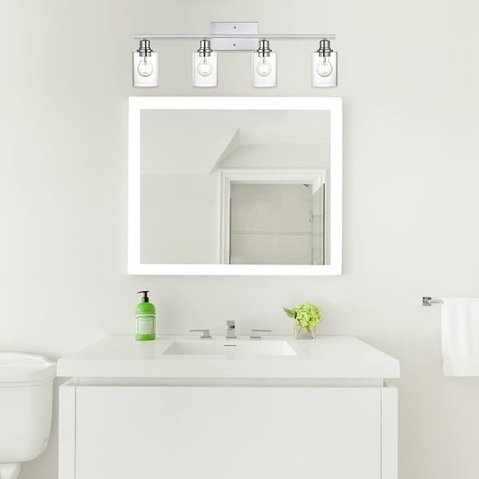 VINLUZ Vanity Light Fixtures,4-Light Indoor Modern Chrome Finish Bathroom Lighting Over Mirror with Clear Glass Shade Metal Base Wall Mounted Lamp for Vanity Table, Living Room