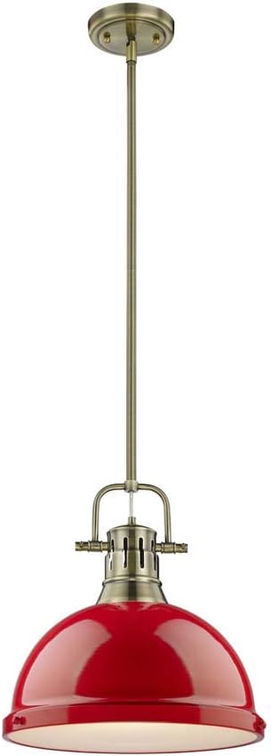 Golden Lighting 3604-L AB-RD Duncan Pendant, 14" L x 14" W x 14.625" H, Aged Brass with Red Shade