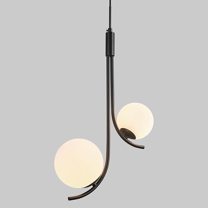 Modern Pendant Light Fixture Black Globe Pendant Lights Kitchen Island White Frosted Milk Glass Sputnik Chandelier Vintage for Kitchen, Office, Entryway (2-Light)