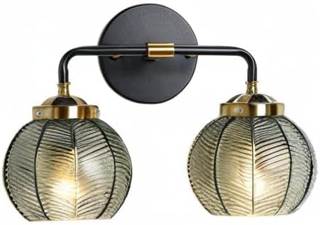 Mid Century Vanity Light Black Bathroom Wall Light Fixtures Green Glass Wall Sconce lamp Ribbed Glass Shade Modern Art Deco Vanity Lights for Over Mirror Bedroom Hallway 2 Lights