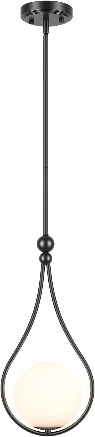 Black Pendant Lights with Milky White Globe Glass Pendant Lights Kitchen Island Adjustable Mid Century Hanging Pendant Light Fixtures for Kitchen Dining Room Entryway, 1 Pack