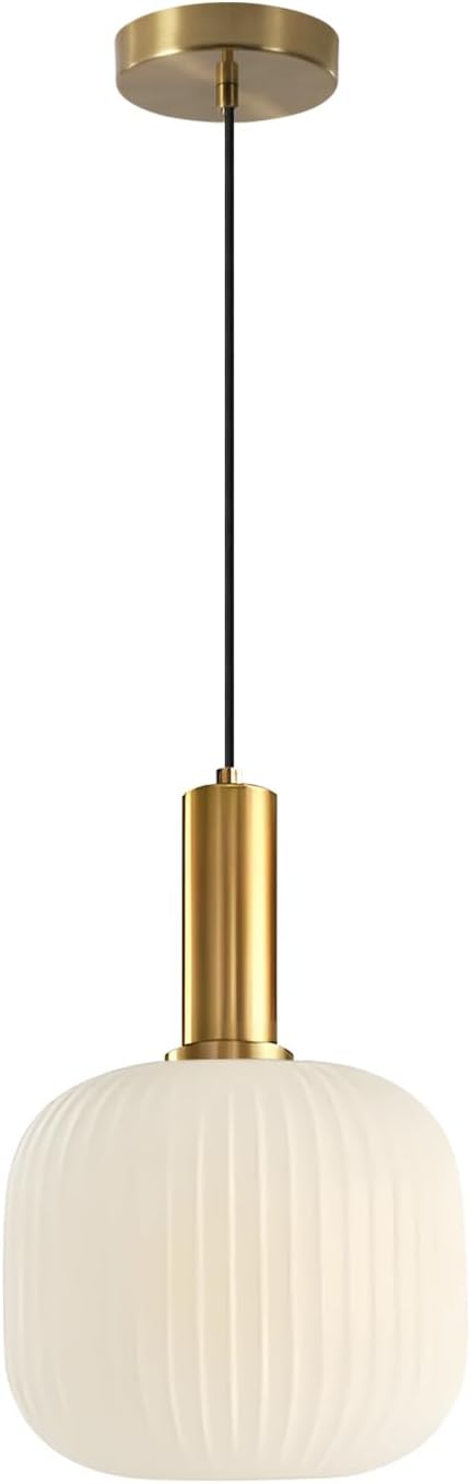 BOKT Pendant Lights Kitchen Island Brass Modern Gold Pendant Light Fixtures 7.9" Vintage Adjustable Height Hanging Lamp with Milk White Glass Shade for Entryway Dining Room Hallway