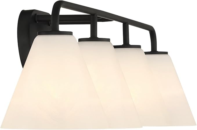 Savoy House 8-2988-4-BK Blair Traditional Vintage White Strie Glass Bathroom Vanity Wall Light, 4-Light 240 Total Watts, 8" H x 35" W, Matte Black