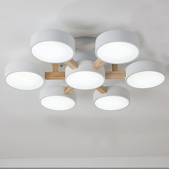 LED Ceiling Light Fixture,32 Inch 7-Lights Modern Ceiling Lights Flush Mount Wooden 84W Chandelier for Living Room Bedroom Kitchen,Dimmable 3000K/4000K/6000K Temperatures Selectable, White