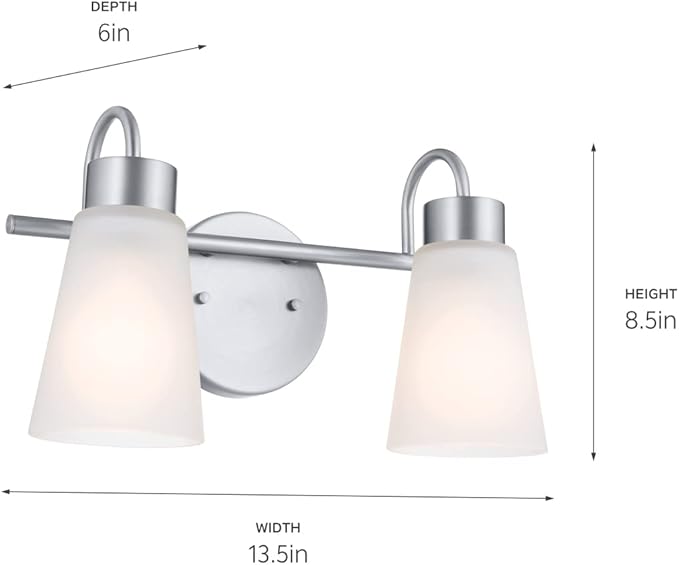Kichler Erma 2-Light Bathroom Vanity Light Fixture with Satin Etched Glass, Brushed Nickel Wall Mount for Mirror Lighting, Up or Down Installation (13.5" x 8.5" x 6"), 55125NI