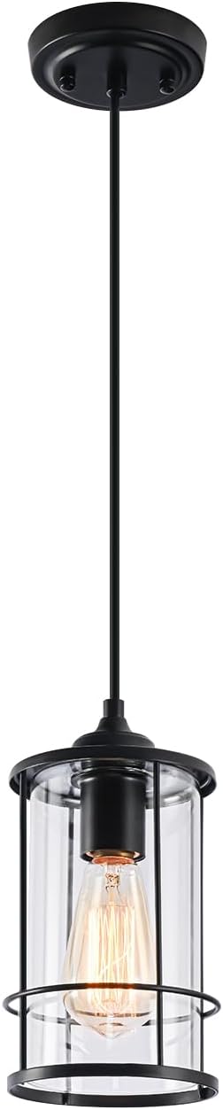 AKEZON Black Pendant Light Kitchen Island Glass Pendant Light Fixture, Kitchen Hanging Lights with Clear Glass, Modern Farmhouse Cage Pendant Lights for Dining Room Hallway Bathroom