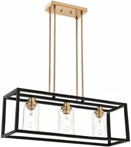 MELUCEE Dining Room Light, Island Lights for Kitchen Modern Chandeliers Rectangle Black 3 Lights, Linear Pendant Ceiling Lighting Fixture with Clear Glass Shade and Brass Socket, E26 Base