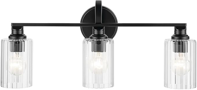 Kichler Gioe 24.25" 3-Light Bathroom Vanity Light Fixture with Clear Fluted Glass in Black, Modern Wall Mount Over Mirror for Powder Room, Damp Rated (24.25" W x 10.5" H), 55226BKFLU