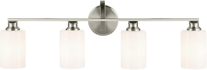 Kichler Gioe 32.25 in 4-Light Bathroom Vanity Light Fixture with Opal Glass in Brushed Nickel, Modern Wall Mount Over Mirror for Powder Room, Damp Rated (32.25 in W x 10.5 in H), 55227NI