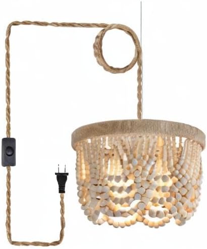 AMZASA Plug in Chandelier Boho Woven Hemp Rope Wooden Beaded Farmhosue Hanging Pendant Light Fixture with 14.8FT Cord On/Off Switch 3 Lights for Nursery Bedroom Living Room Dining Room UL Listed