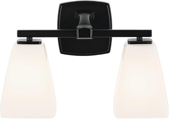 Kichler Marant 2-Light Bathroom Vanity Light Fixture with Opal Glass, 14.25" Modern Wall Sconce in Black for Over Mirror, Powder Room (14.25" W x 9.5" H), 55215BK