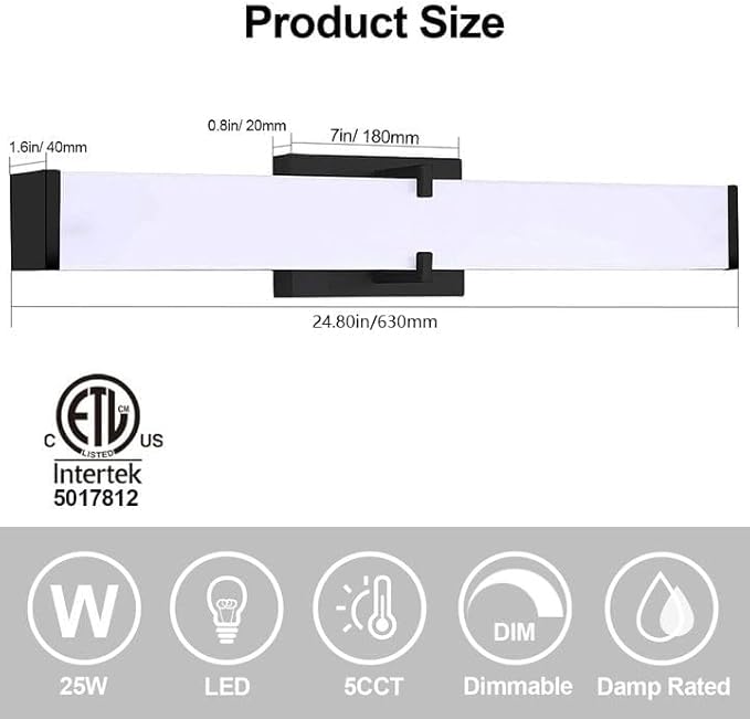 Bathroom Vanity Light 2700/3000/3500/4000/5000k Dimmable, Black Modern Matte for Vanity Lighting Over Mirror LED, 24 inch IP44 25W Equivalent to Incandescent 250W, ETL Listed (1 Pack)