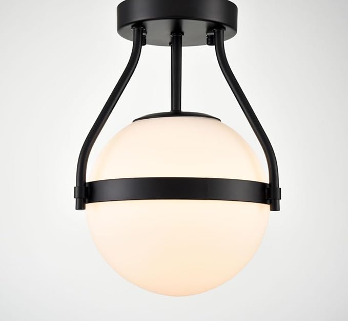 HOLKIRT Modern Globe Semi Flush Mount Ceiling Light,Black Ceiling Light Fixture with Opal Glass 7Inch/18CM,Mid Century Kitchen Light Fixtures Hallway Light Fixtures Ceiling for Bedroom Kitchen