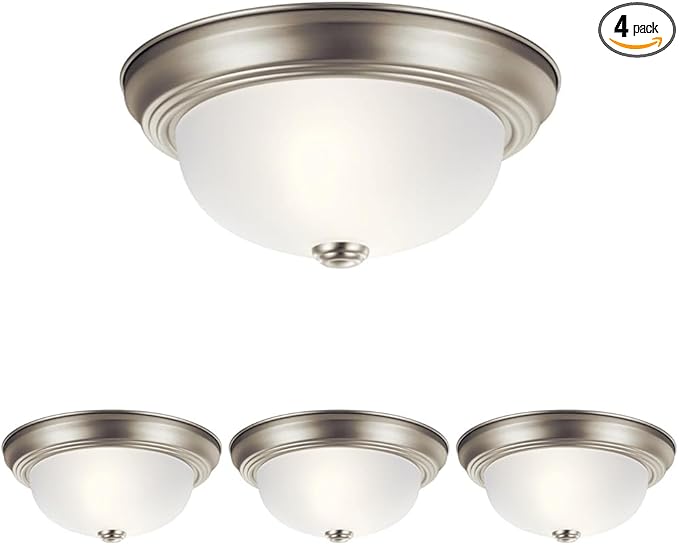 Kichler 8111NI Flush Mount Round Glass Ceiling Lighting, Brushed Nickel 2-Light (12" W x 7" H) 120 Watts (Pack of 4)