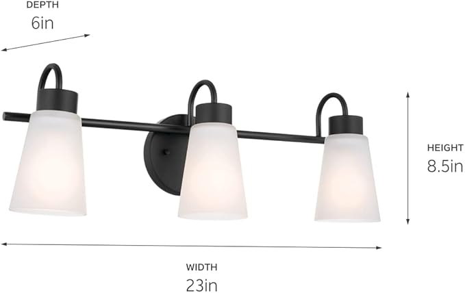 Kichler Erma 3-Light Bathroom Vanity Light Fixture with Satin Etched Glass Shades, Modern Traditional Wall Mount Lighting in Black for over Mirror (23 x 8.5 x 6 in), 45887BK