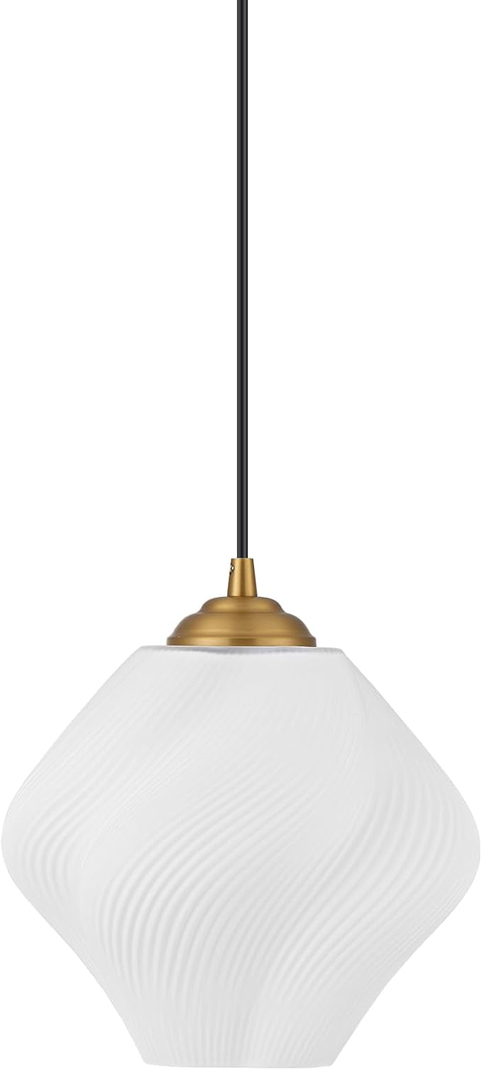 Milk White Glass Pendant Light, Mid Century Modern Ceiling Hanging Lights Fixture with Height Adjustable, Brass Gold Pendant Lighting for Kitchen Island, Hallway, Dining Room, Bedroom(1 Pack)
