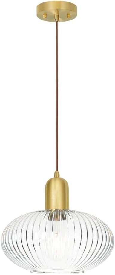 Lxybcce Mid Century Gold Pendant Light, Modern Globe Pendant Lights Kitchen Island, Minimalist Ribbed Island Light with Clear Glass, Adjustable Hanging Light Ceiling Hanging Lamp for Dining Room