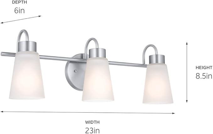 Kichler Erma 3-Light Bathroom Vanity Light Fixture with Satin Etched Glass Shades, Updated Traditional Wall Lighting in Brushed Nickel for Mirror, (23" x 8.5" x 6"), 55126NI