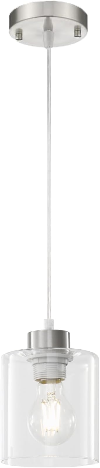 1-Light Brushed Nickel Pendant Lights Kitchen Island, Modern Farmhouse Hanging Light Fixture, 39Inches Adjustable Ceiling Light for Dining Room, E26 Base, Clear Glass Shape