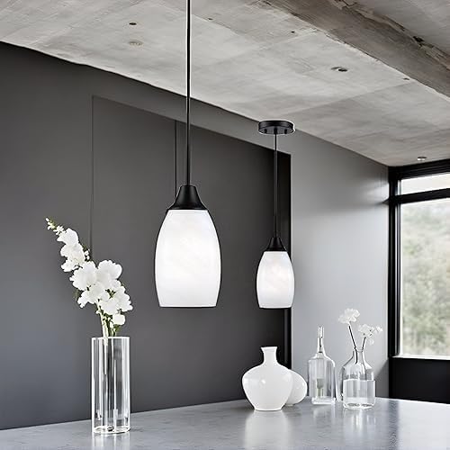 Viinew Mini Glass Pendant Light,1-Light Handblown White Oval Art Glass Hanging Pendant Light for Kitchen Island,Dining Room,Living,Foyer,Hallway, Entry Matte Black Metal