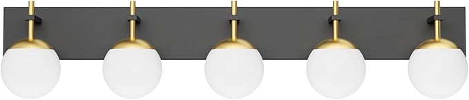 Ralbay Mid Century Modern Vanity Lights - 5-Light Milky Glass Globe Modern Bathroom Vanity Lights Over Long Mirror, Black/Golden Bathroom Wall Light Fixture