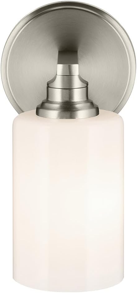 Kichler Gioe 5" 1-Light Wall Sconce with Opal Glass in Brushed Nickel, Damp Rated, for Powder Room, Bathroom, Kitchen, Hallway, Bedroom, Fireplace, (5" W x 9.5" H), 55224NI