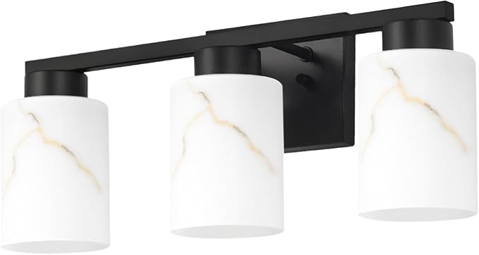 3-Light Bathroom Light Fixtures, Modern Vanity Lights, Black Metal Wall Lamp with Handcrafted Art Glass for Bathroom, Mirror, Living Room, Bedroom, Cabinet, Porch, Hallway, E26 Base