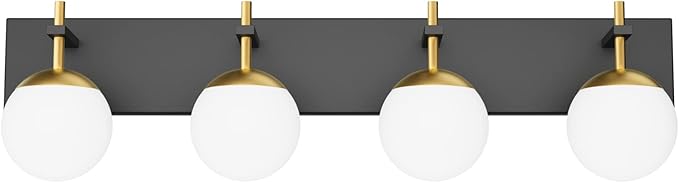 Ralbay Mid Century Modern Vanity Lights - 4-Light Milky Glass Globe Modern Bathroom Vanity Lights Over Mirror, Black/Golden Bathroom Wall Light Fixture