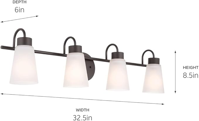 Kichler Erma 4-Light Bathroom Vanity Light Fixture with Satin Etched Glass, Updated Traditional Wall Light in Olde Bronze for Bathroom Mirror (32.5" x 8.5" x 6"), 55127OZ