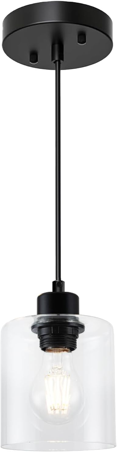 1 Light Pendant Lights Kitchen Island, Modern Farmhouse Hanging Light Fixture, 39Inches Adjustable Black Ceiling Light for Dining Room, E26 Base, Clear Glass Shape