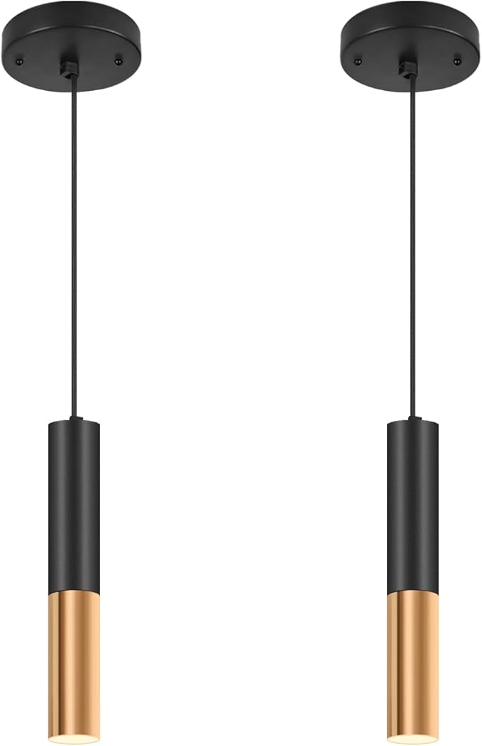 Simple and Modern Black Cylindrical Pendant, 1-Light Chandelier with Adjustable Rope, Matching GU10 Sockets for Living Room, Bedroom and Dining Room (Spotlight) (2 Pack)