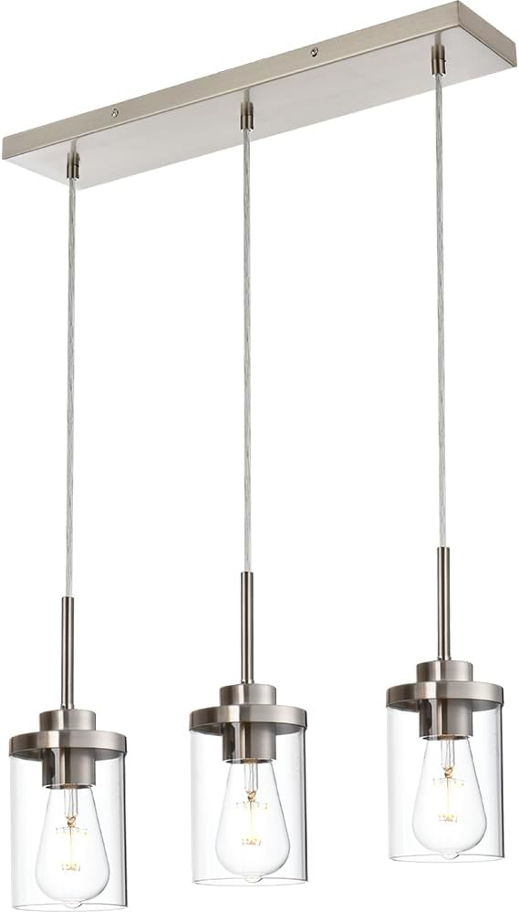 Pendant Lights Fixtures with Clear Glass Shade Brushed Nickel Island Light fixtures 3-Lights Hanging Lighting for Kitchen Island Dining Room