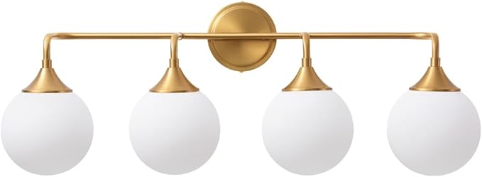 Gold Bathroom Light Fixtures, Modern Vanity Lights Over Mirror, Brushed Brass Wall Sconce Lighting 4-Light with Milky White Glass Ball Shades