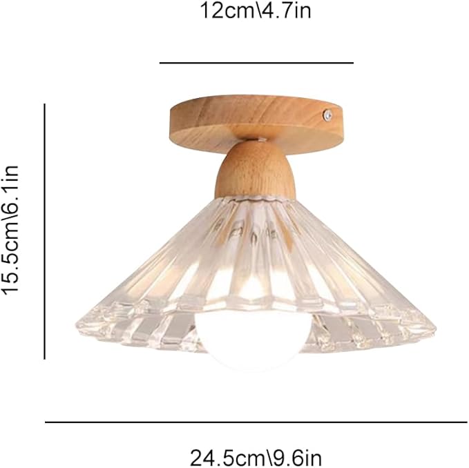Schoolhouse Light Fixture Wood Ceiling Lamp, Semi Flush Mount Ceiling Light, 12'' Base, Balcony Solid Wood Hanging Light Farmhouse Bedroom Kitchen Hallway Glass Close to Ceiling Lights (C)
