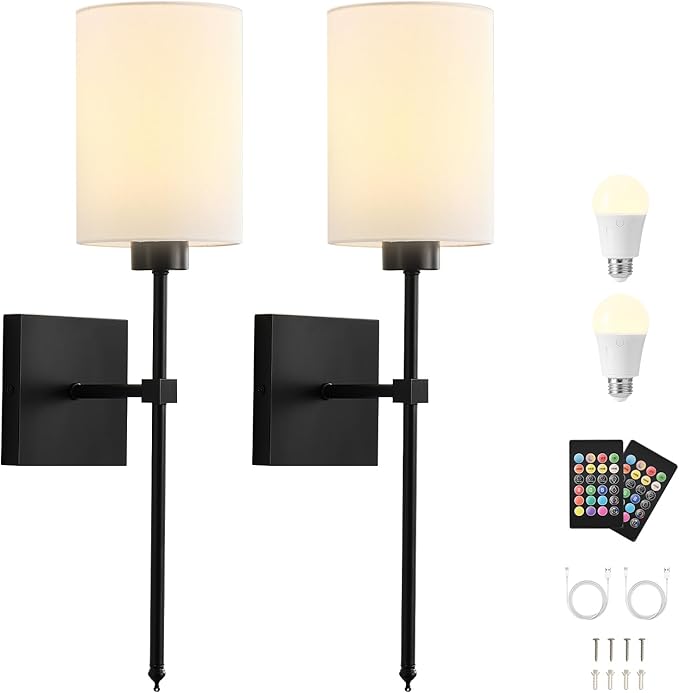 KARTOOSH Battery Operated Wall Sconce Set of Two, Wireless Rechargeable Wall Light with Remote Control, Dimmable, 4 Color Temperatures, RGB, Timer, for Living Room,Bedroom,Entryway, Black, 20.6 Inch