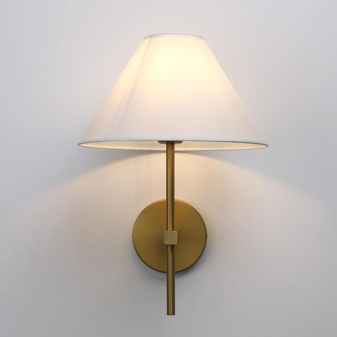 Pathson Vintage White Fabric Wall Sconce Big Cone Lampshade, Hardwired Wall Vanity Light Fixture Upwards Install, Indoor Bedside Lamp Victorian Decor for Living Room, Stairwell, Fireplace, Foyer