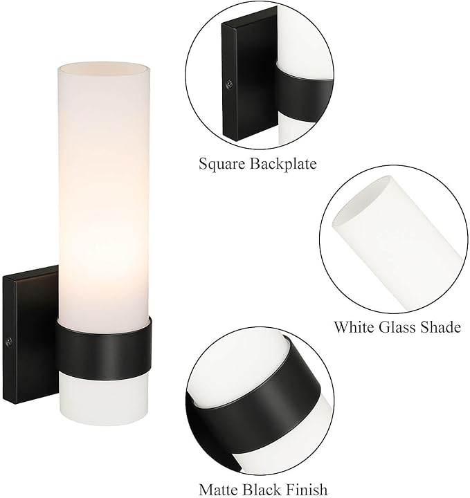 XiNBEi Lighting Black Wall Sconce, Modern Bathroom Sconce Light with White Glass Single Wall Light Fixtures for Hallway Bedroom & Living Room Corridor XB-W1185-MB