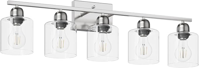 Modern Brushed Nickel 5 Light Bathroom Vanity Light, 31 inch Bathroom Lights Fixtures, Vanity Lights for Mirror Kitchen Living Room Hallway Cabinet Porch