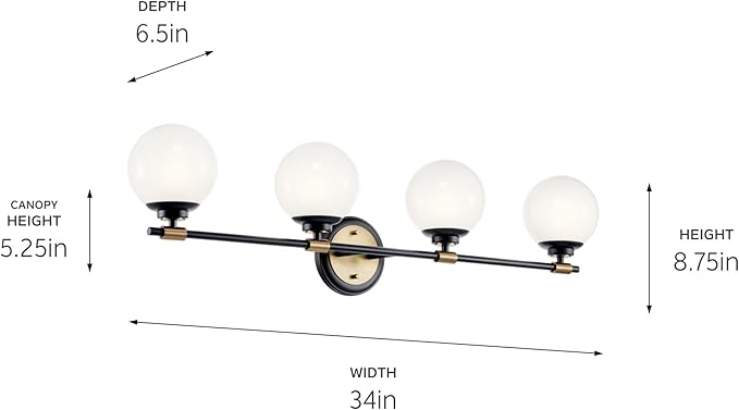 Kichler Benno 4-Light Bathroom Vanity Light Fixture with Opal Glass in Black and Champagne Bronze, Modern Wall Mount Light for Bathroom or Powder Room (8.75" x 34"), 55173BKCPZ