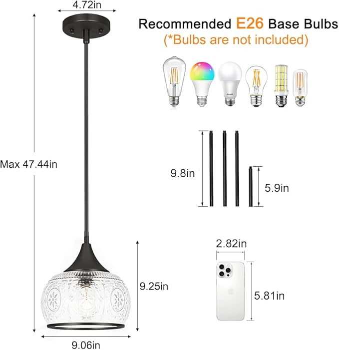 Black Pendant Light - Modern Pendant Lights Kitchen Island with Handblown Glass, Vintage Hanging Light for Kitchen with Adjustable Height, Lithging Fixture for Dining Room Sink