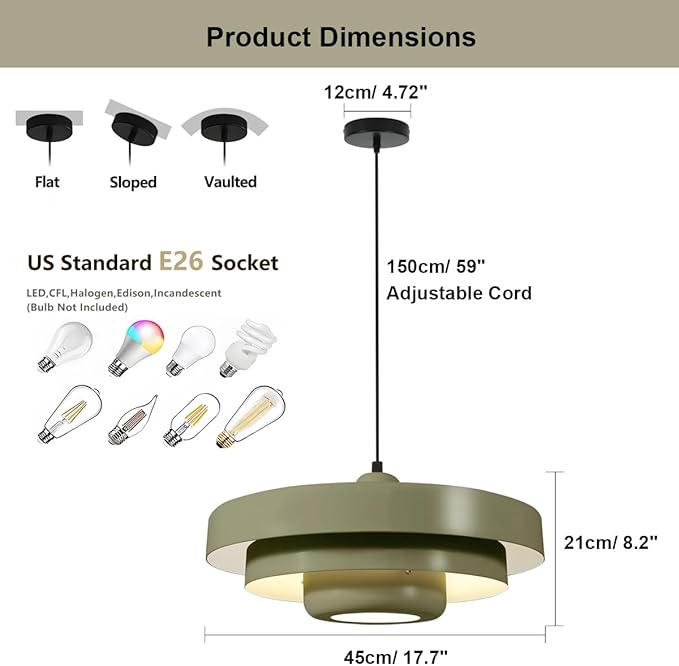 Large Olive Green Pendant Light, 17.7" Vintage Ceiling Chandelier with 3-Layer Metal Shade, Mid Century Modern Light Fixture for Dining Room, Shop, Cafe