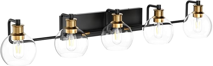 Tipace Vintage Vanity Light Fixture,5-Light Industrial Black & Gold Bathroom Lighting with Globe Clear Glass Shades Farmhouse Bath Lighting (Exclude Bulb)