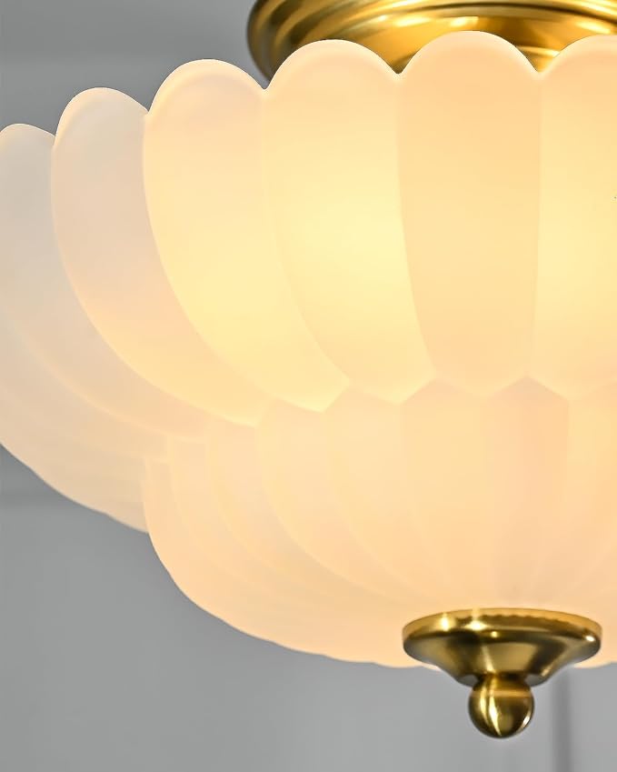 3-Light Vintage Semi Flush Mount Ceiling Light, Frosted Milk Glass Flower Shade with Gold Brass Finish, Elegant Retro Ceiling Light Fixture for Bedroom Hallway Entryway Kitchen