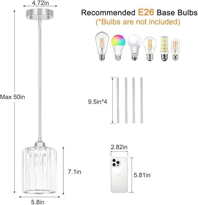 Lxybcce Chrome Kitchen Pendant Lights Over Island with Adjustable Rods - Crystal Pendant Lighting Fixtures 3 Pack, Ideal Over Dining Table or Bar, E26 Bulb Compatible, No Electrician Needed